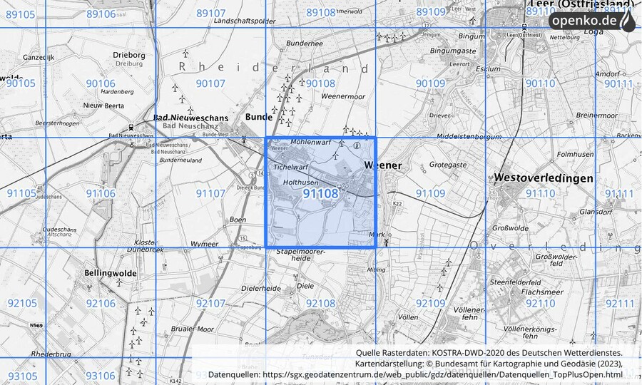 Übersichtskarte des KOSTRA-DWD-2020-Rasterfeldes Nr. 91108