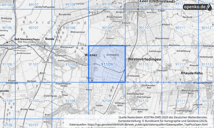 Übersichtskarte des KOSTRA-DWD-2020-Rasterfeldes Nr. 91109