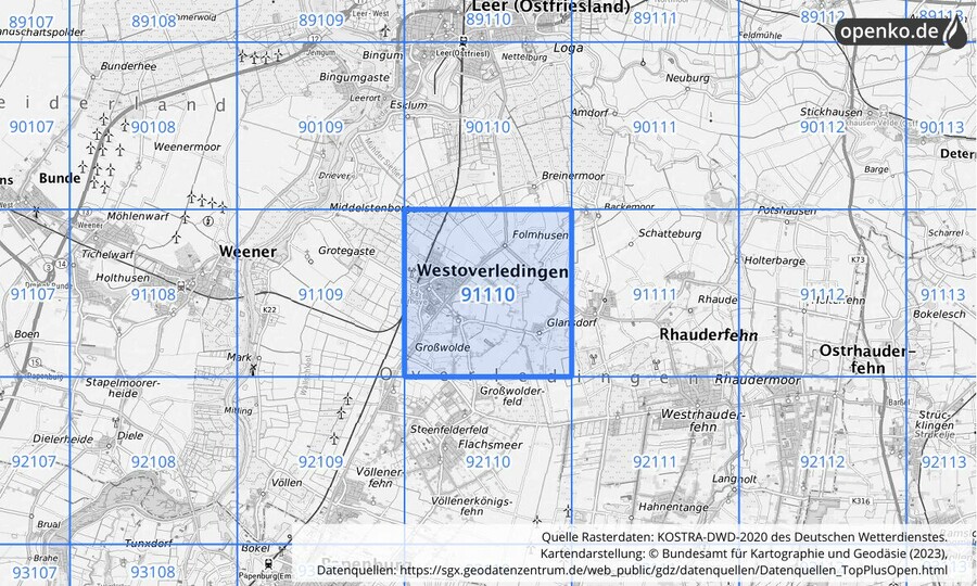 Übersichtskarte des KOSTRA-DWD-2020-Rasterfeldes Nr. 91110