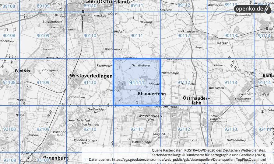 Übersichtskarte des KOSTRA-DWD-2020-Rasterfeldes Nr. 91111