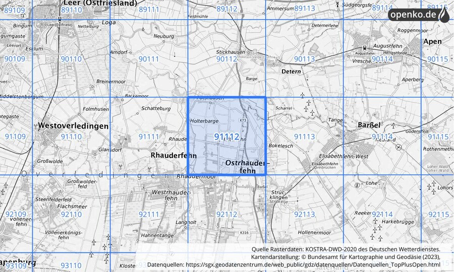 Übersichtskarte des KOSTRA-DWD-2020-Rasterfeldes Nr. 91112