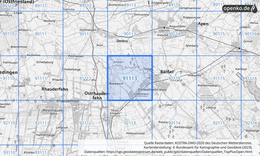 Übersichtskarte des KOSTRA-DWD-2020-Rasterfeldes Nr. 91113
