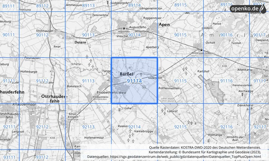 Übersichtskarte des KOSTRA-DWD-2020-Rasterfeldes Nr. 91114