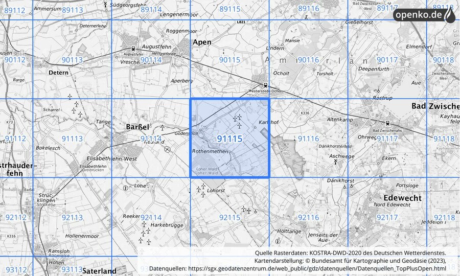 Übersichtskarte des KOSTRA-DWD-2020-Rasterfeldes Nr. 91115