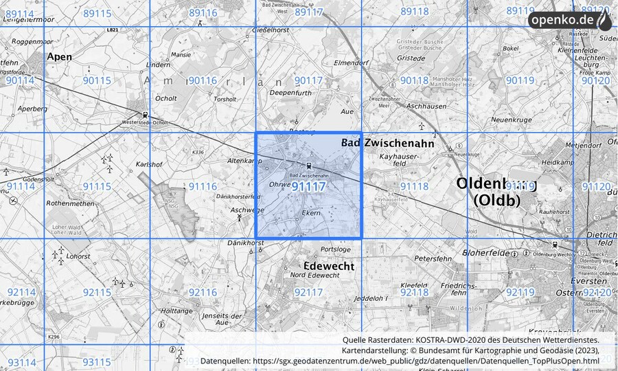 Übersichtskarte des KOSTRA-DWD-2020-Rasterfeldes Nr. 91117