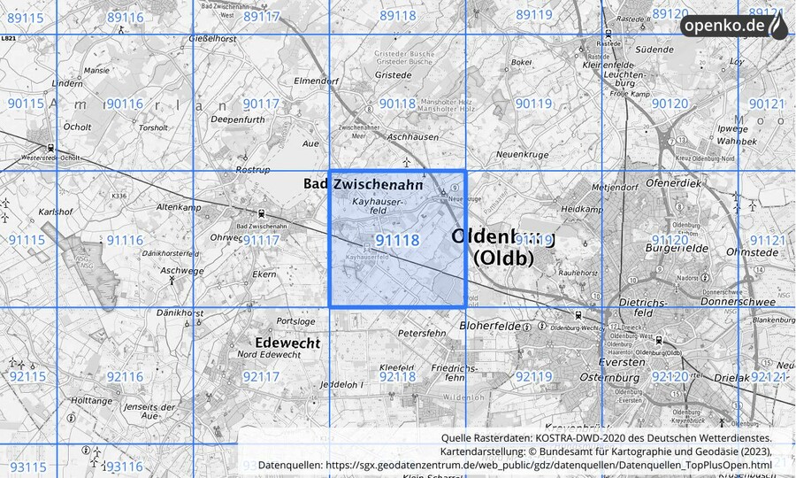 Übersichtskarte des KOSTRA-DWD-2020-Rasterfeldes Nr. 91118