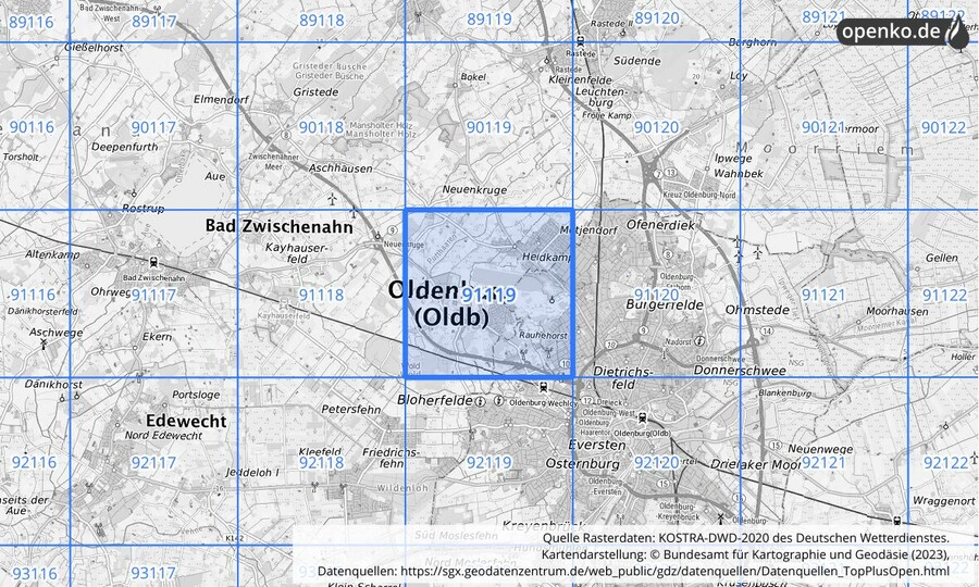 Übersichtskarte des KOSTRA-DWD-2020-Rasterfeldes Nr. 91119