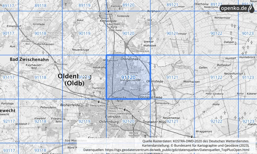 Übersichtskarte des KOSTRA-DWD-2020-Rasterfeldes Nr. 91120