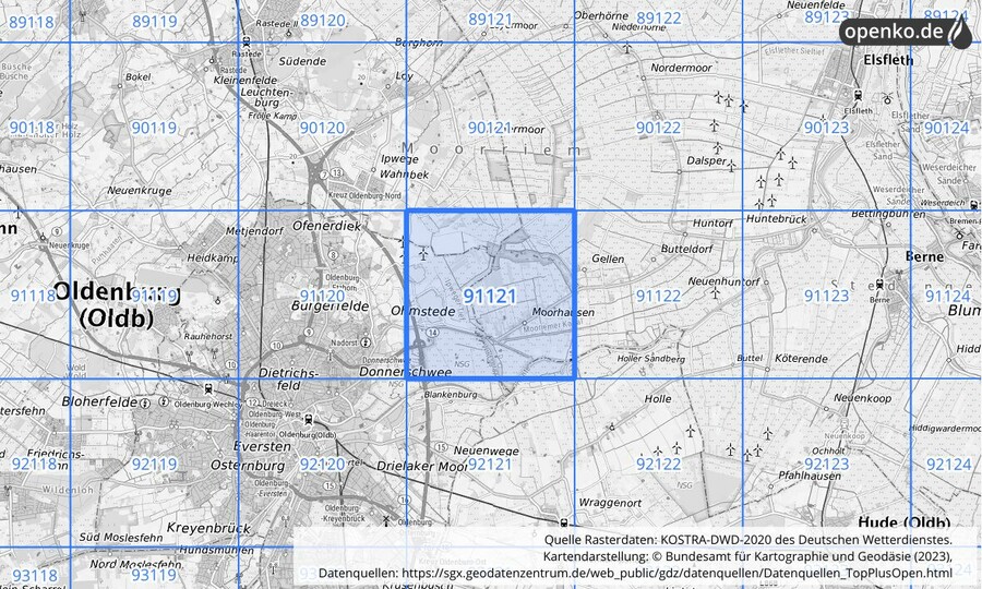 Übersichtskarte des KOSTRA-DWD-2020-Rasterfeldes Nr. 91121