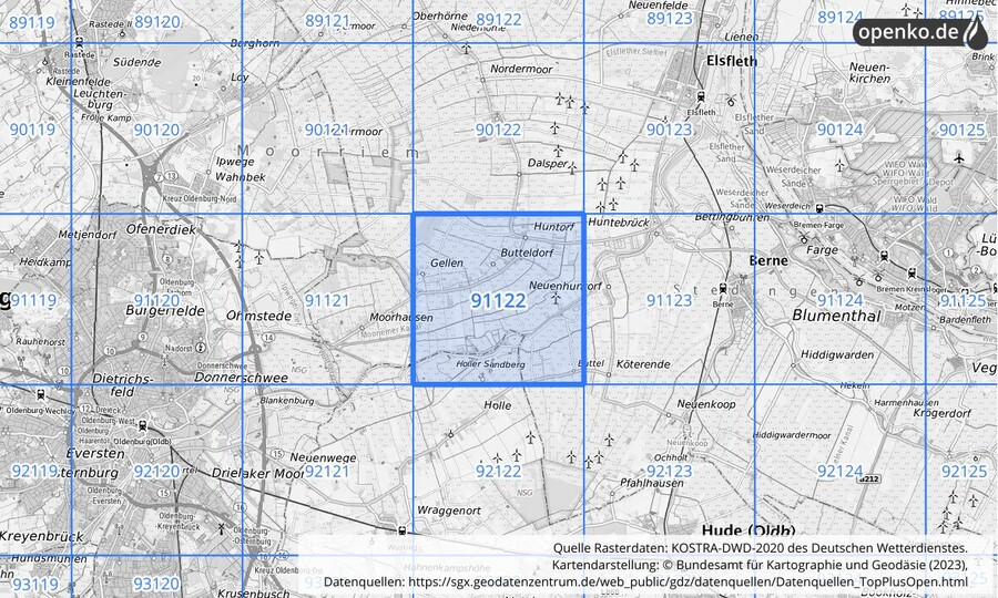 Übersichtskarte des KOSTRA-DWD-2020-Rasterfeldes Nr. 91122