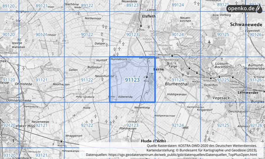 Übersichtskarte des KOSTRA-DWD-2020-Rasterfeldes Nr. 91123