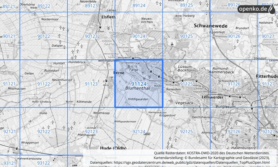 Übersichtskarte des KOSTRA-DWD-2020-Rasterfeldes Nr. 91124