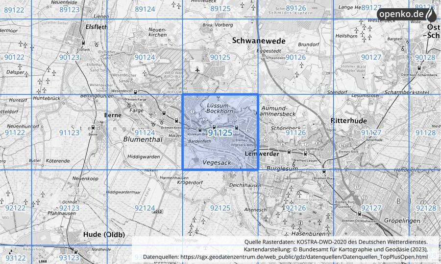 Übersichtskarte des KOSTRA-DWD-2020-Rasterfeldes Nr. 91125