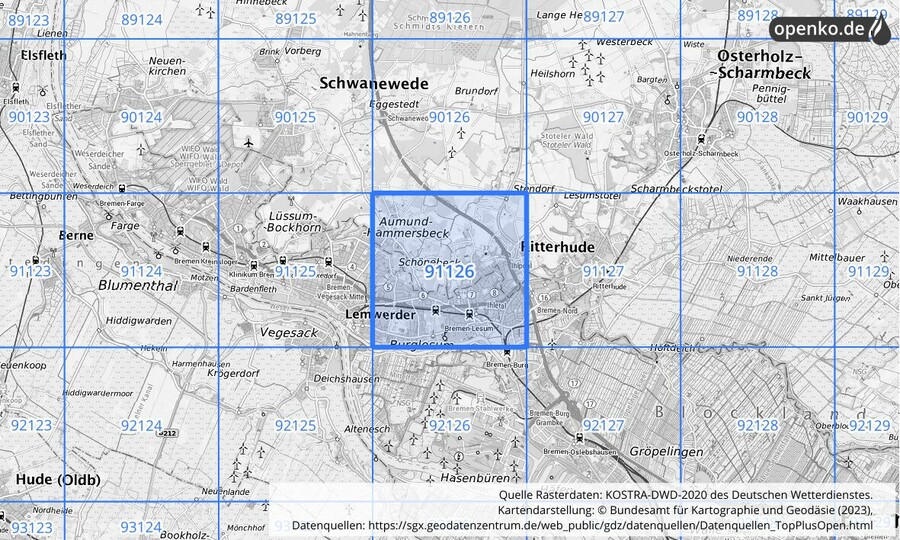 Übersichtskarte des KOSTRA-DWD-2020-Rasterfeldes Nr. 91126