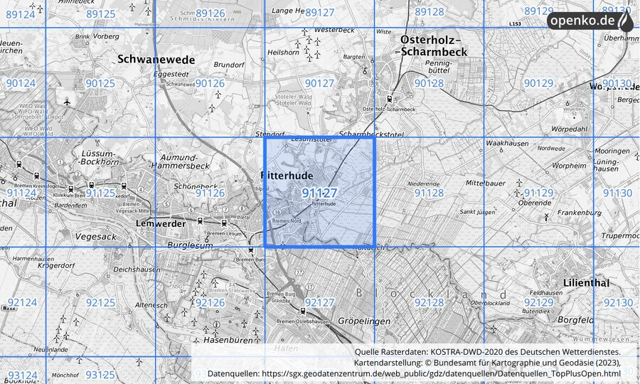 Übersichtskarte des KOSTRA-DWD-2020-Rasterfeldes Nr. 91127