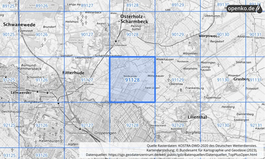 Übersichtskarte des KOSTRA-DWD-2020-Rasterfeldes Nr. 91128