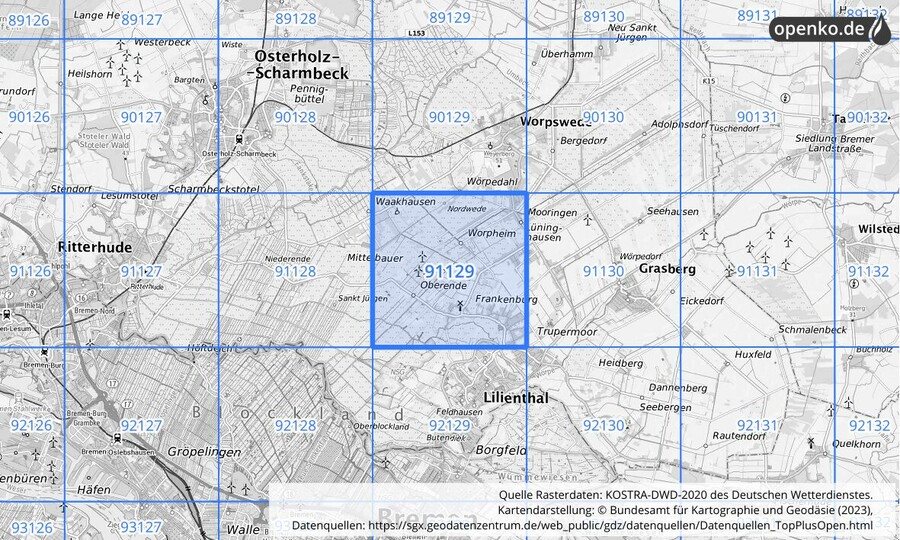 Übersichtskarte des KOSTRA-DWD-2020-Rasterfeldes Nr. 91129