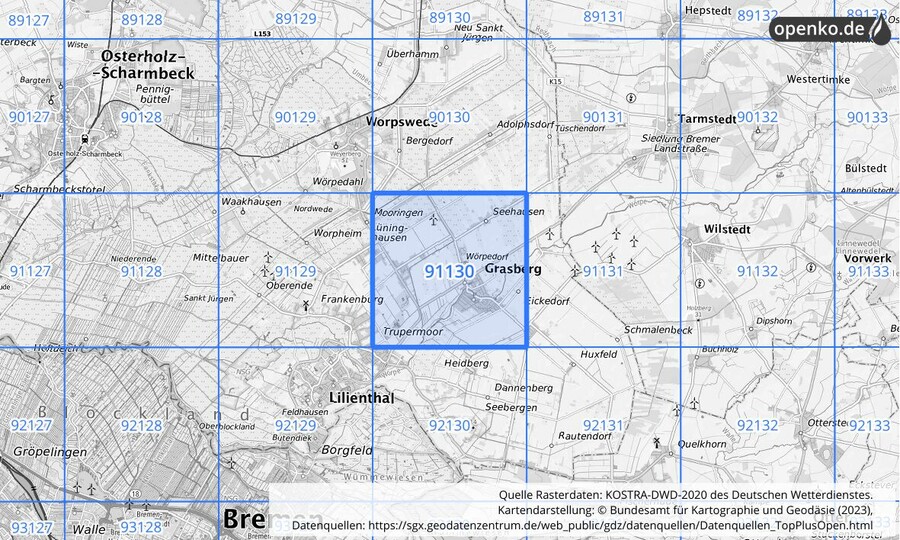 Übersichtskarte des KOSTRA-DWD-2020-Rasterfeldes Nr. 91130