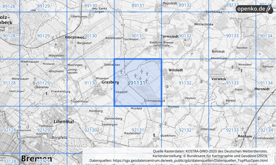 Übersichtskarte des KOSTRA-DWD-2020-Rasterfeldes Nr. 91131