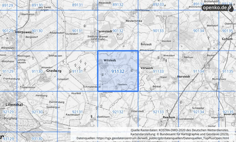 Übersichtskarte des KOSTRA-DWD-2020-Rasterfeldes Nr. 91132