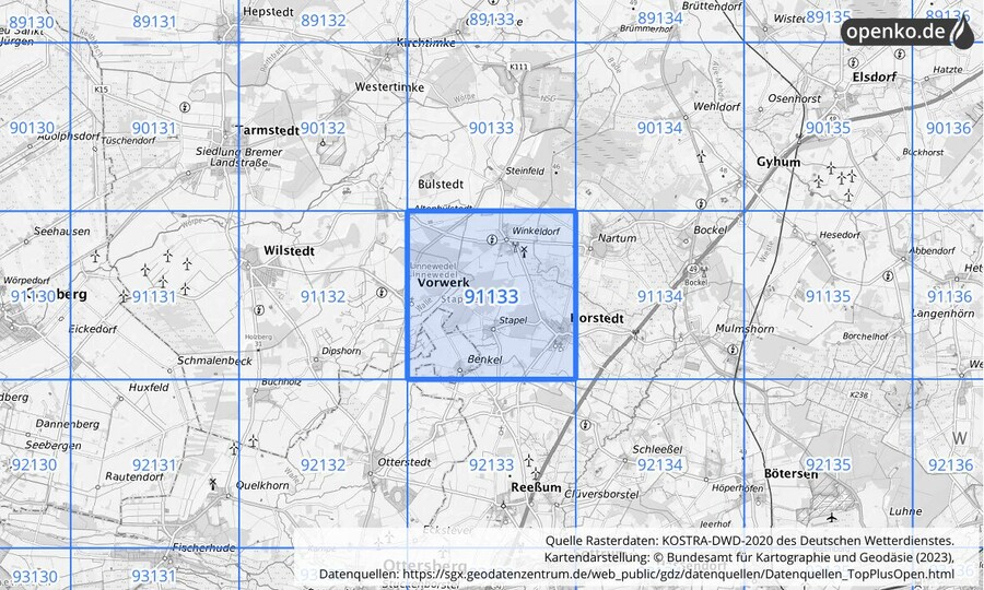 Übersichtskarte des KOSTRA-DWD-2020-Rasterfeldes Nr. 91133