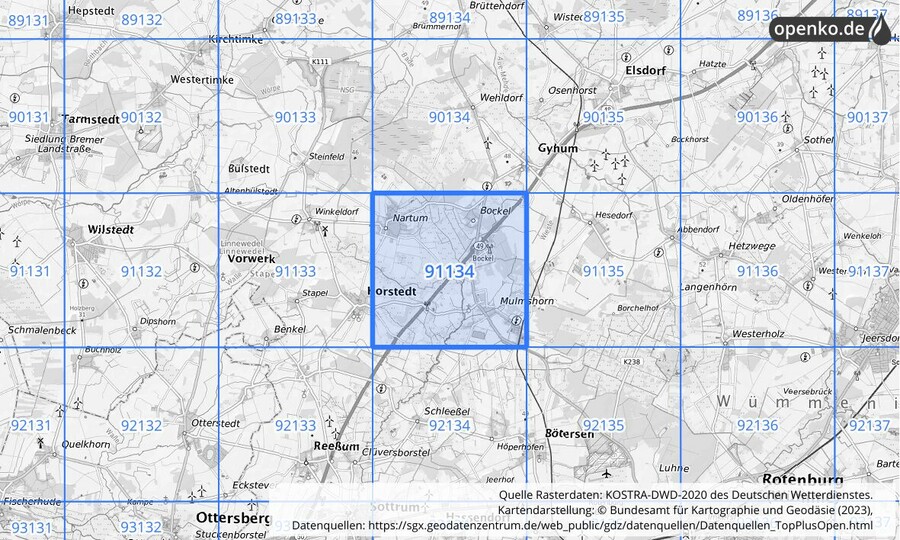 Übersichtskarte des KOSTRA-DWD-2020-Rasterfeldes Nr. 91134