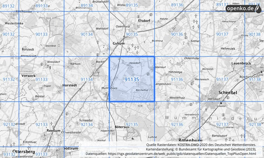 Übersichtskarte des KOSTRA-DWD-2020-Rasterfeldes Nr. 91135