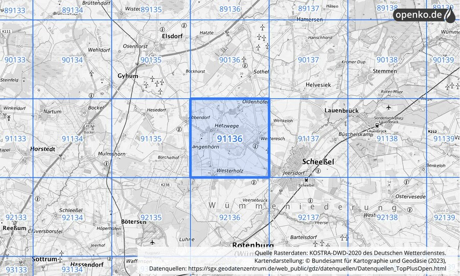 Übersichtskarte des KOSTRA-DWD-2020-Rasterfeldes Nr. 91136