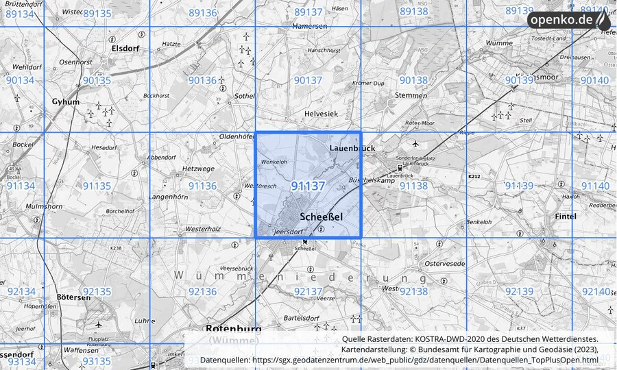 Übersichtskarte des KOSTRA-DWD-2020-Rasterfeldes Nr. 91137