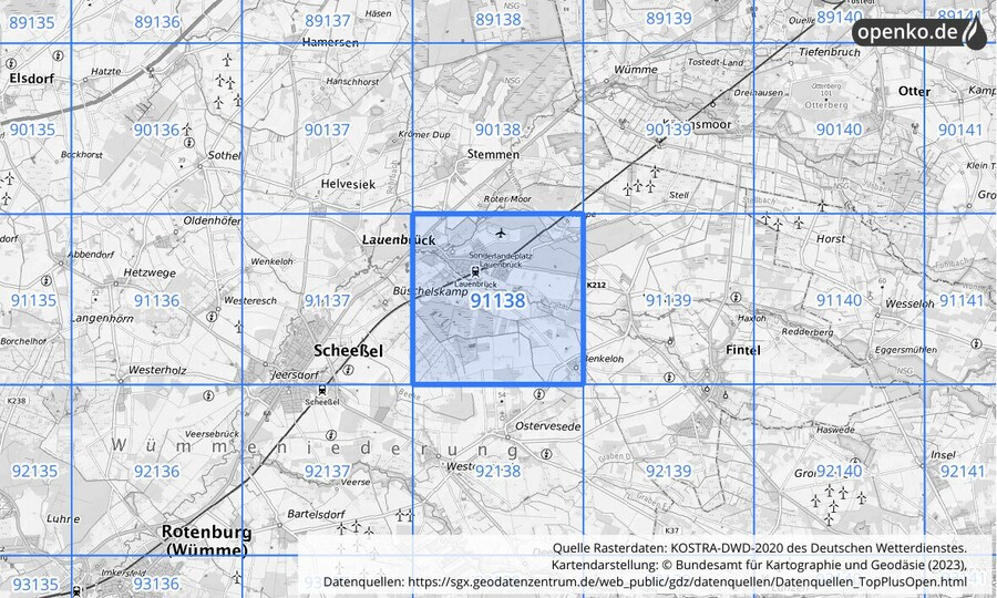 Übersichtskarte des KOSTRA-DWD-2020-Rasterfeldes Nr. 91138