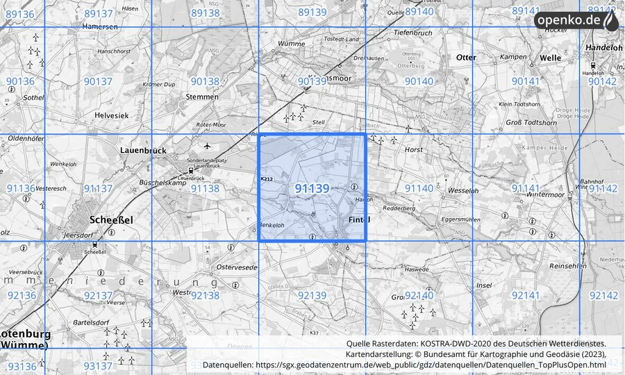 Übersichtskarte des KOSTRA-DWD-2020-Rasterfeldes Nr. 91139