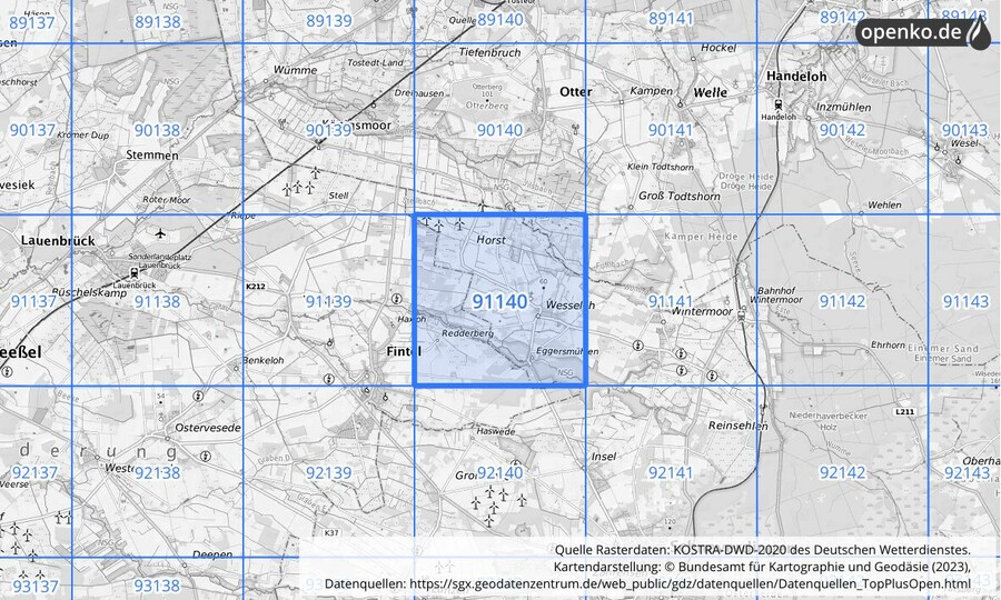 Übersichtskarte des KOSTRA-DWD-2020-Rasterfeldes Nr. 91140