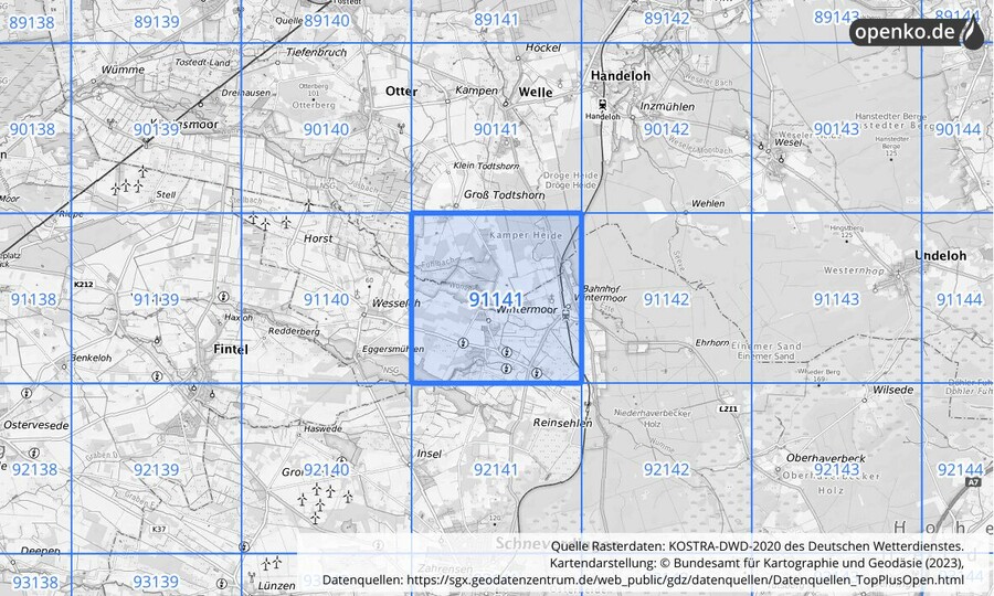 Übersichtskarte des KOSTRA-DWD-2020-Rasterfeldes Nr. 91141