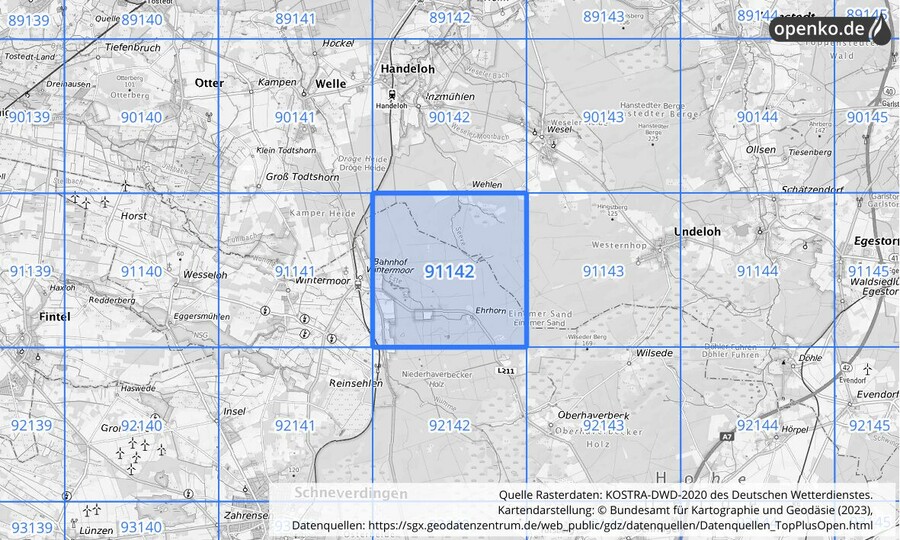 Übersichtskarte des KOSTRA-DWD-2020-Rasterfeldes Nr. 91142