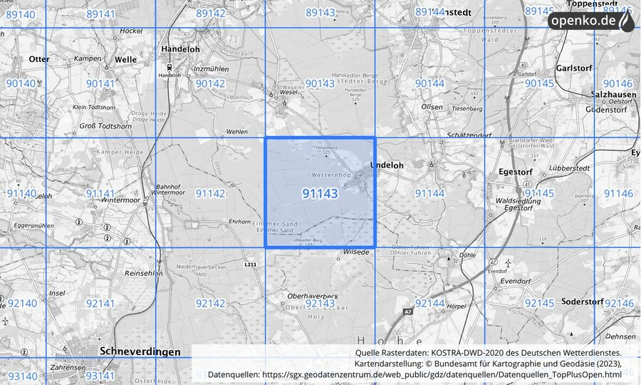 Übersichtskarte des KOSTRA-DWD-2020-Rasterfeldes Nr. 91143