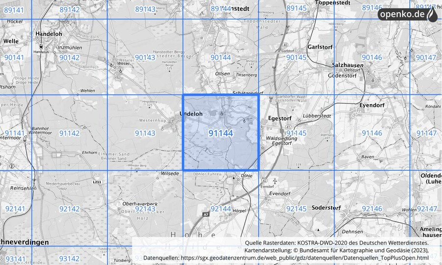 Übersichtskarte des KOSTRA-DWD-2020-Rasterfeldes Nr. 91144