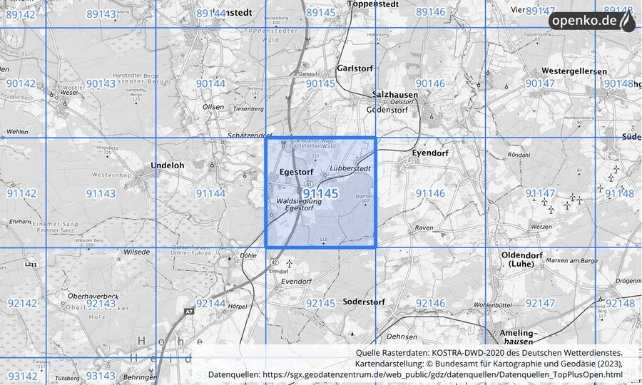 Übersichtskarte des KOSTRA-DWD-2020-Rasterfeldes Nr. 91145