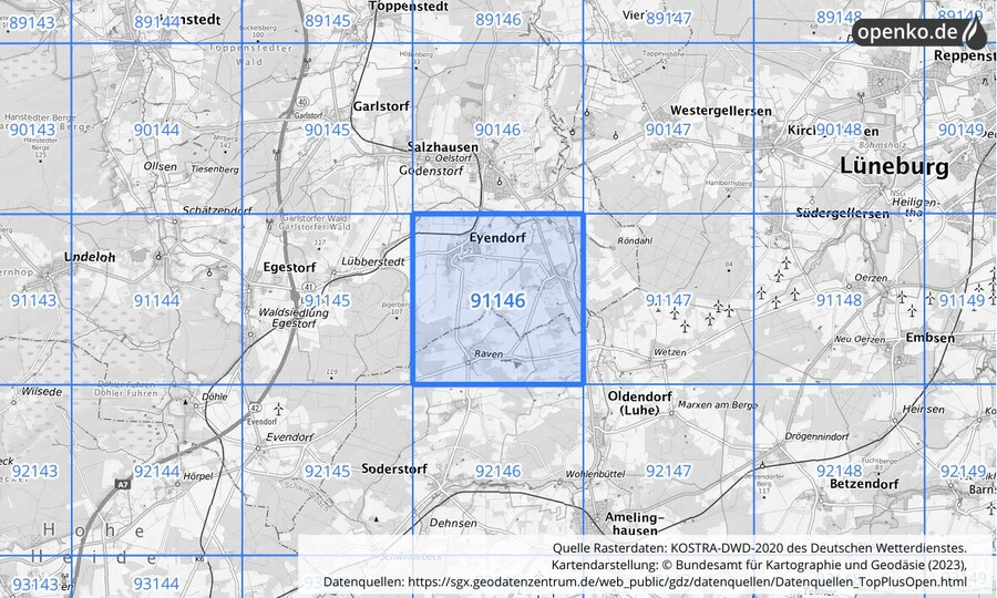 Übersichtskarte des KOSTRA-DWD-2020-Rasterfeldes Nr. 91146