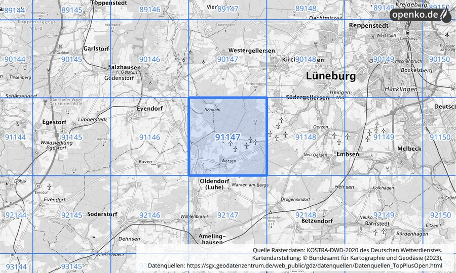 Übersichtskarte des KOSTRA-DWD-2020-Rasterfeldes Nr. 91147