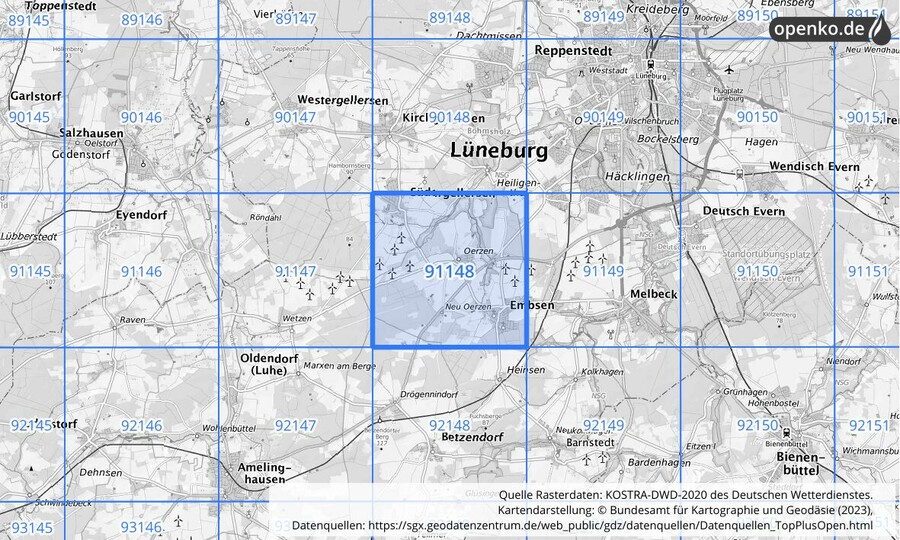 Übersichtskarte des KOSTRA-DWD-2020-Rasterfeldes Nr. 91148