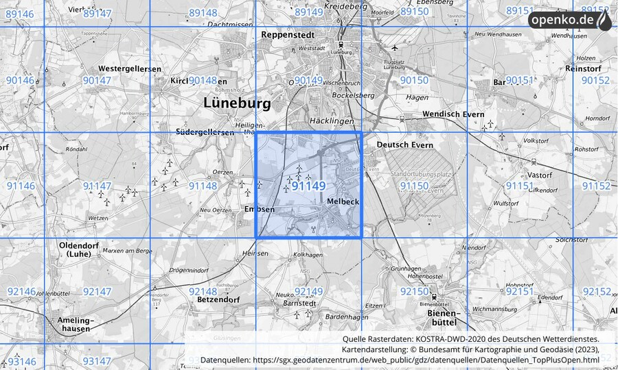 Übersichtskarte des KOSTRA-DWD-2020-Rasterfeldes Nr. 91149