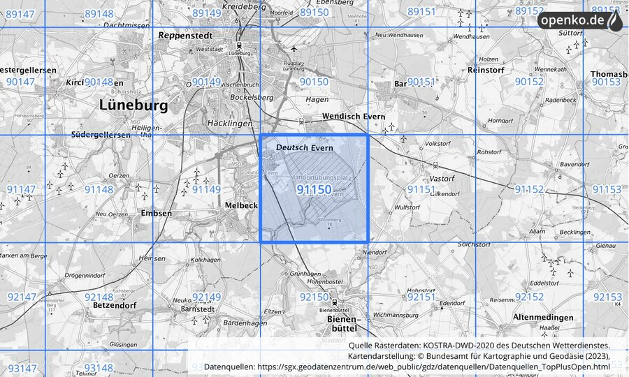 Übersichtskarte des KOSTRA-DWD-2020-Rasterfeldes Nr. 91150