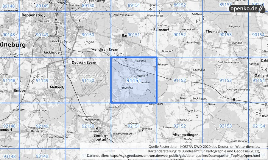 Übersichtskarte des KOSTRA-DWD-2020-Rasterfeldes Nr. 91151