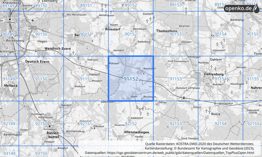 Übersichtskarte des KOSTRA-DWD-2020-Rasterfeldes Nr. 91152