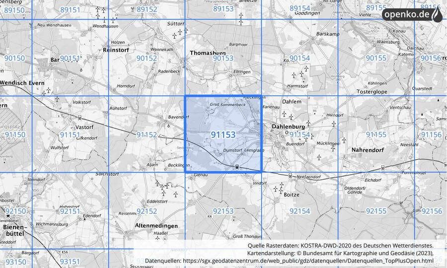 Übersichtskarte des KOSTRA-DWD-2020-Rasterfeldes Nr. 91153