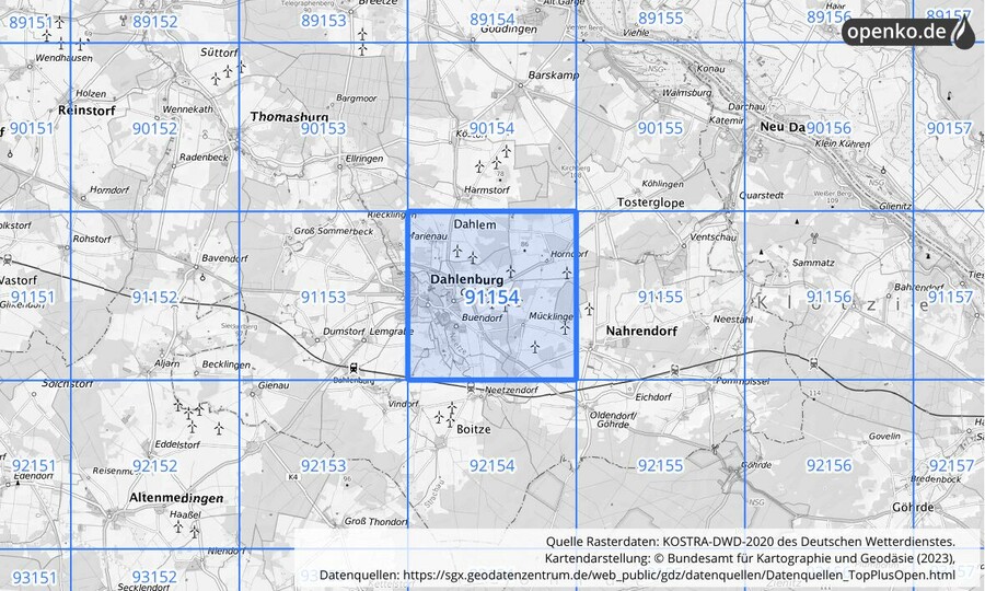 Übersichtskarte des KOSTRA-DWD-2020-Rasterfeldes Nr. 91154