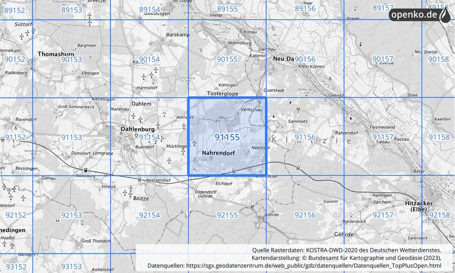 Übersichtskarte des KOSTRA-DWD-2020-Rasterfeldes Nr. 91155