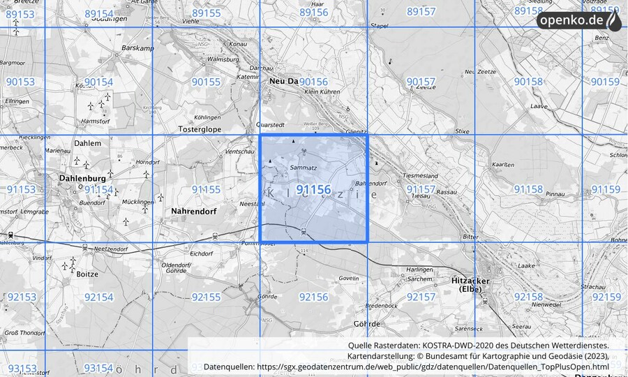 Übersichtskarte des KOSTRA-DWD-2020-Rasterfeldes Nr. 91156