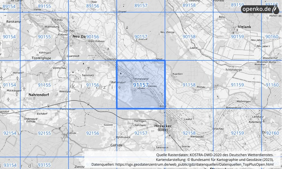 Übersichtskarte des KOSTRA-DWD-2020-Rasterfeldes Nr. 91157