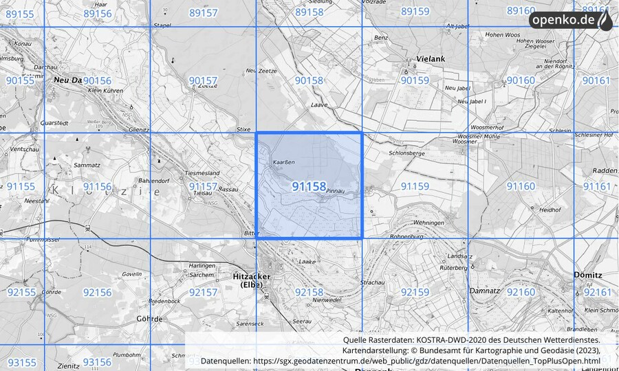 Übersichtskarte des KOSTRA-DWD-2020-Rasterfeldes Nr. 91158